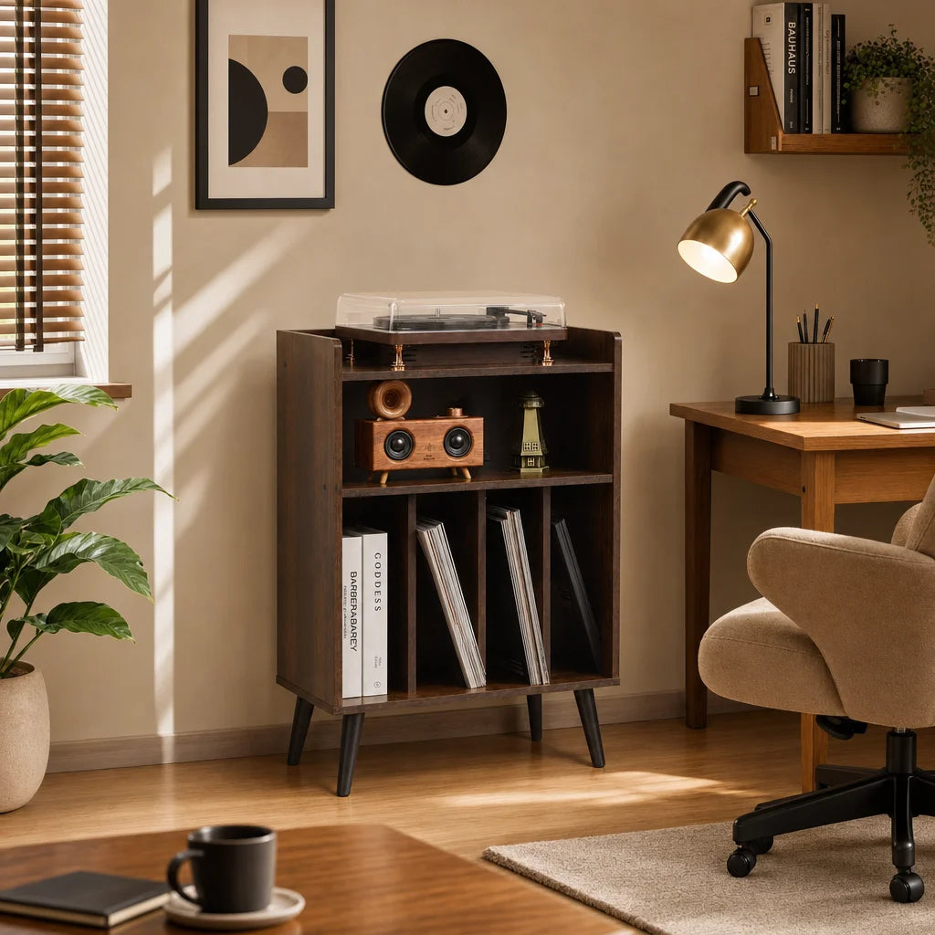 4 compartiments rangement vinyles meuble mid-century, pochettes LP rangées debout, accès facile