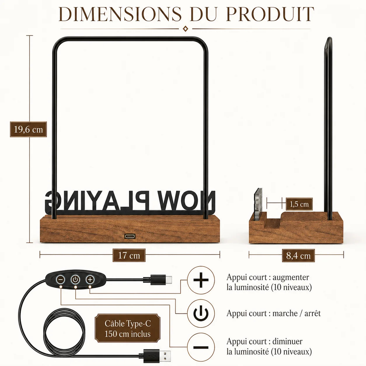 Schéma dimensions Now Playing : 19,6 cm hauteur × 17 cm largeur × 8,4 cm profondeur, câble Type-C 150 cm