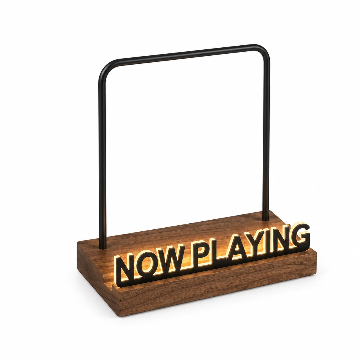 Support Now Playing lumineux fond blanc, socle bois noyer, inscription LED chaude rétroéclairée, arceau acier noir – Sillon 33