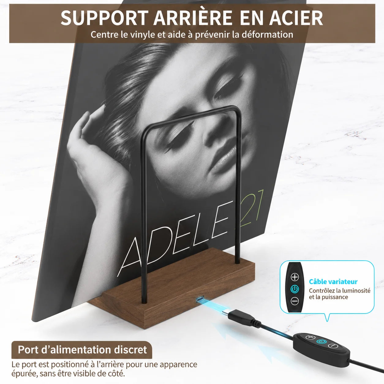 Support arrière acier du Now Playing centrant un vinyle Adele 21, port alimentation discret à l'arrière