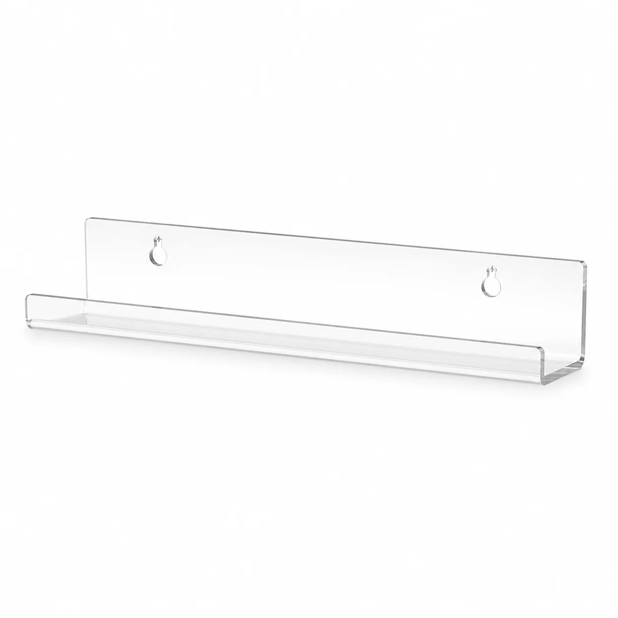 Présentoir mural acrylique transparent forme U, deux orifices de fixation, fond blanc, vue 3/4 – Sillon 33