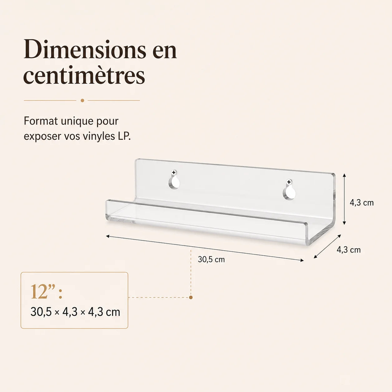 Dimensions présentoir mural vinyle LP : 30,5 × 4,3 × 4,3 cm pour format 12 pouces