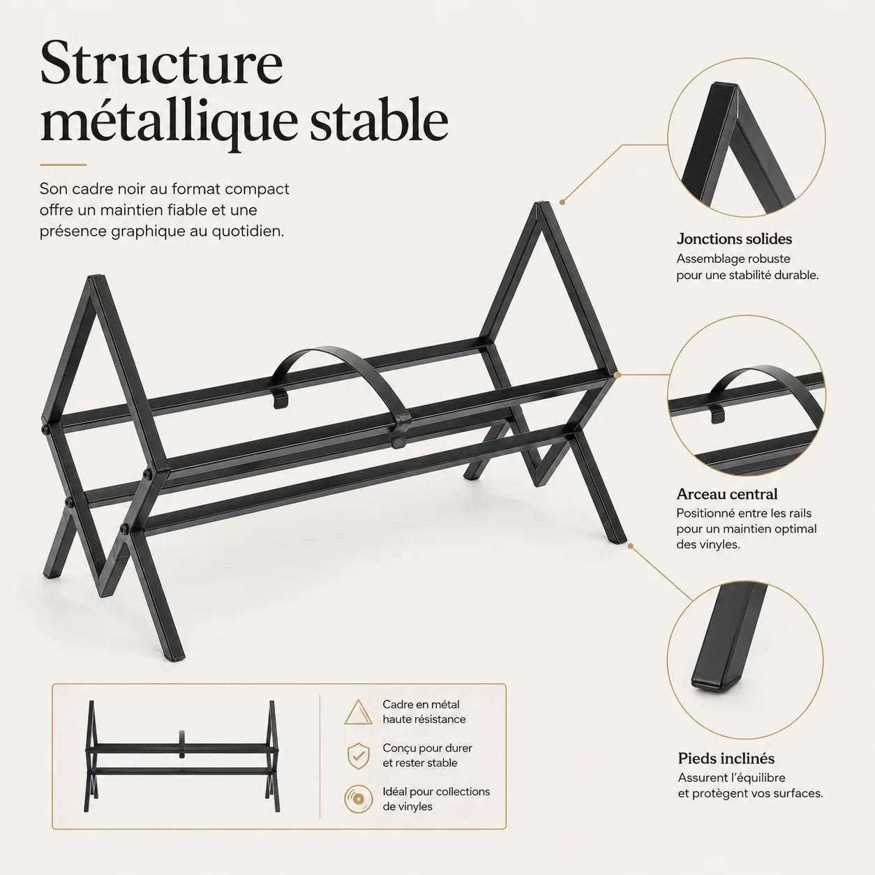 Structure métallique du rack vinyles, jonctions solides, arceau central, pieds inclinés