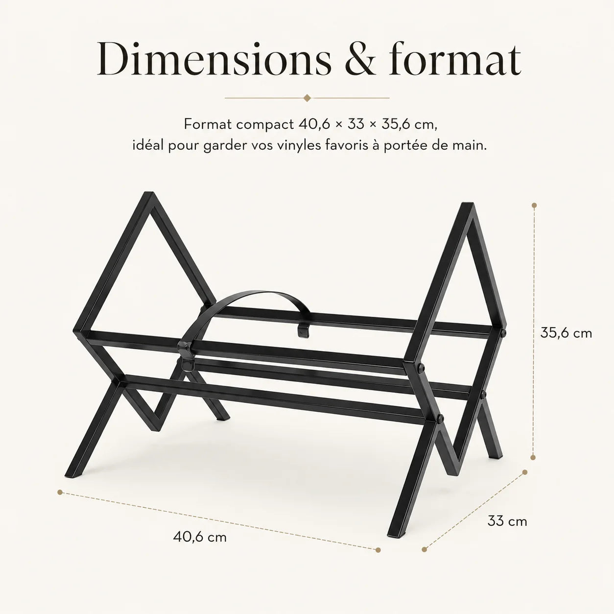 Schéma dimensions rack vinyles métallique compact : 40,6 × 33 × 35,6 cm