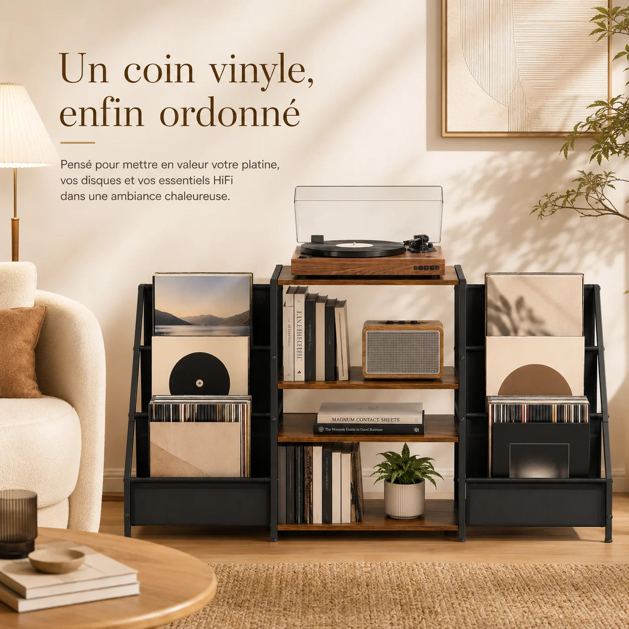 Un coin vinyle, enfin ordonné – Pensé pour mettre en valeur votre platine, vos disques et vos essentiels HiFi dans une ambiance chaleureuse