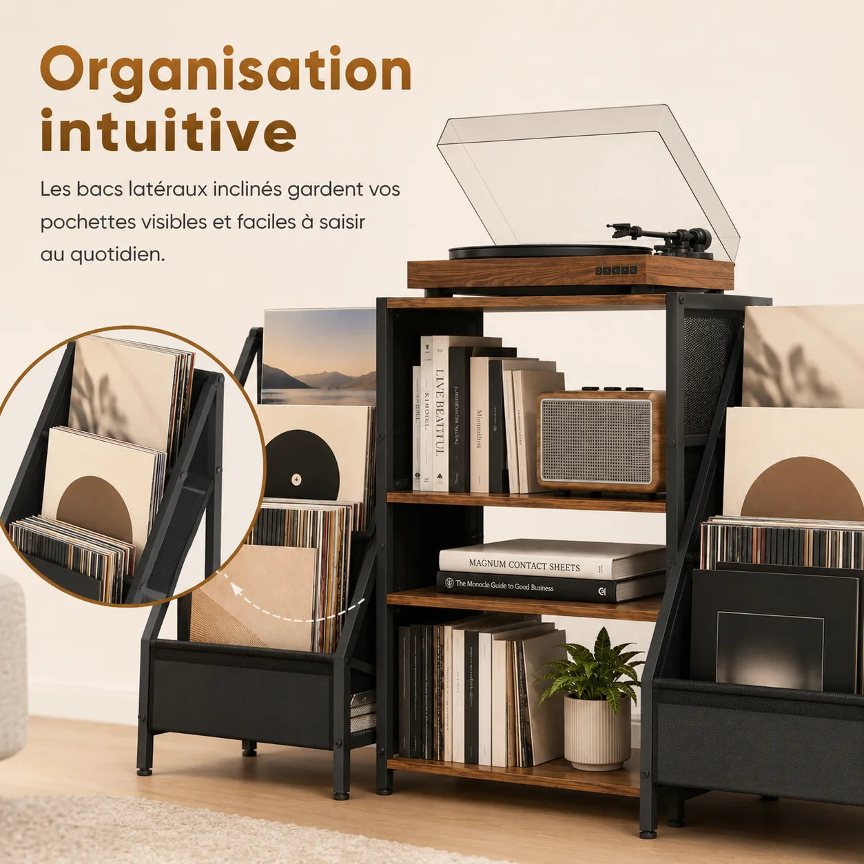 Organisation intuitive – Les bacs latéraux inclinés gardent vos pochettes visibles et faciles à saisir au quotidien. Zoom bac incliné