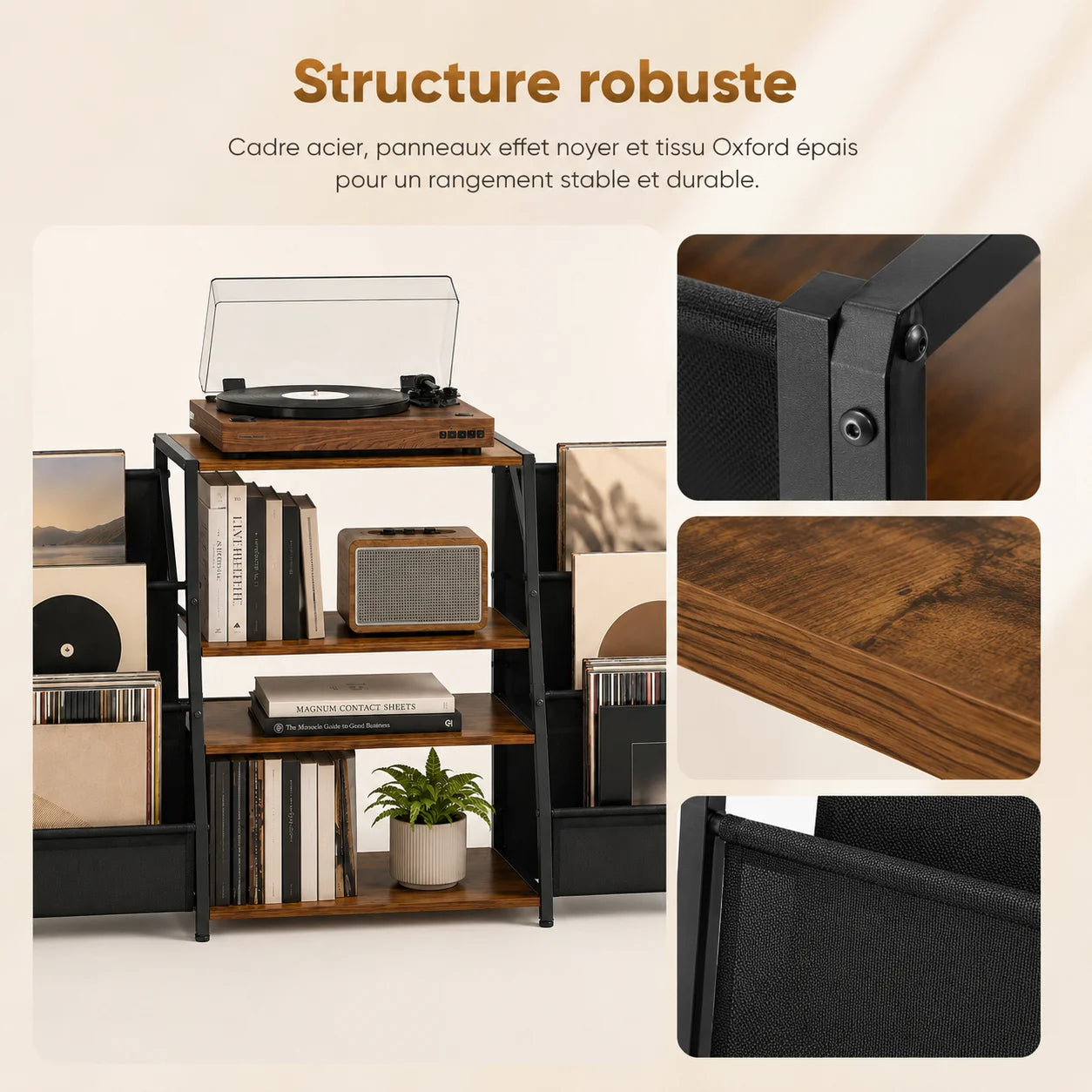 Structure robuste – Cadre acier, panneaux effet noyer et tissu Oxford épais pour un rangement stable et durable