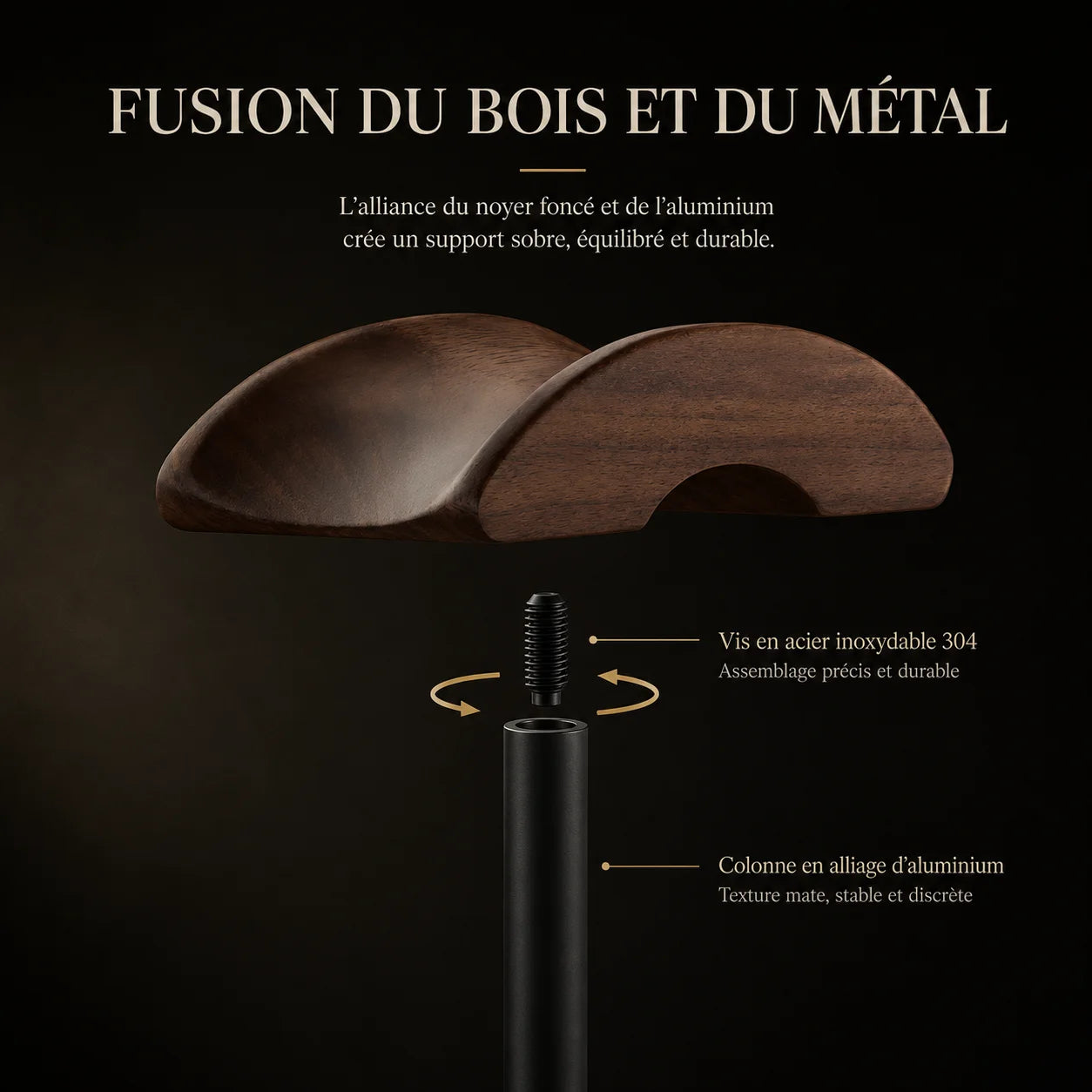 Détail assemblage support casque : vis acier inoxydable 304, colonne aluminium, bois noyer