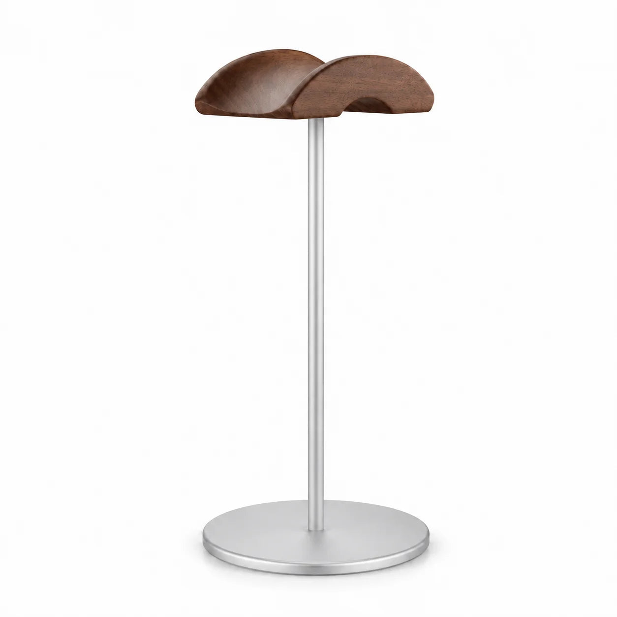 Support casque audio finition silver, colonne et base argentées brillantes, fond blanc