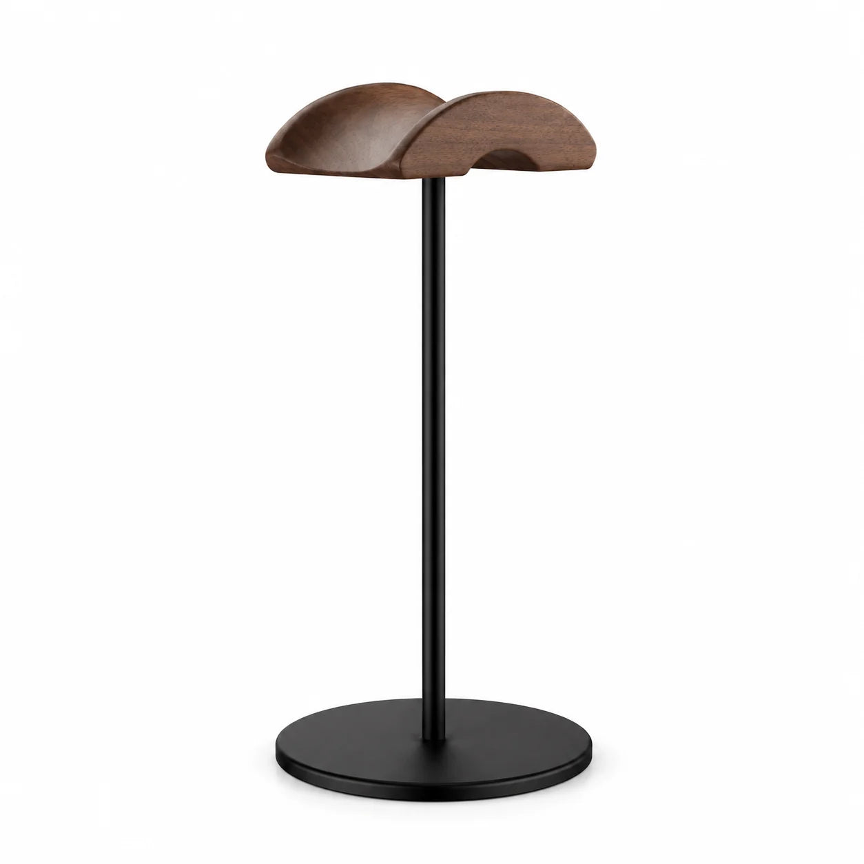 Support casque audio bois noyer, tige fine noire, base ronde aluminium noir, fond blanc, finition Noir – Sillon 33