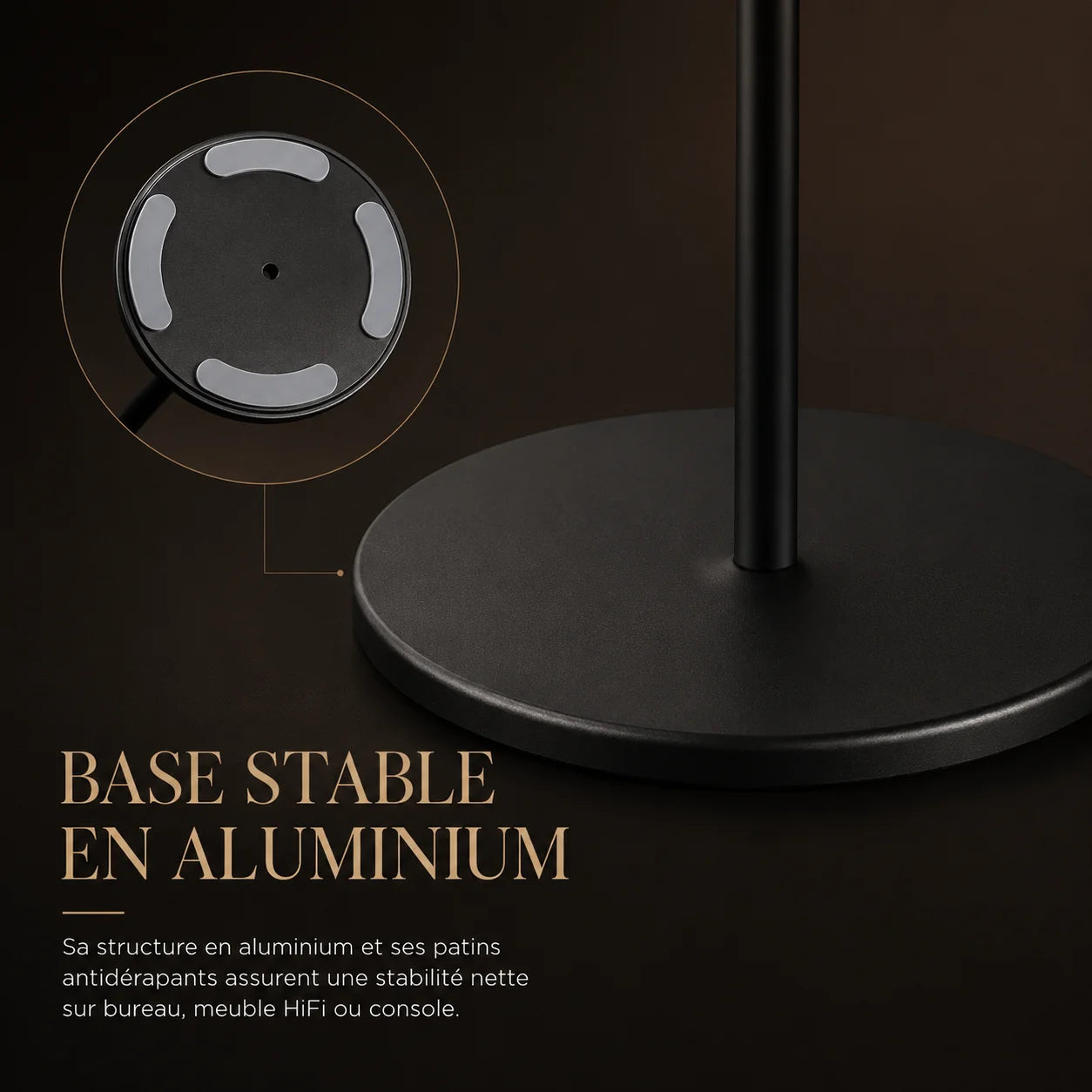 Zoom base ronde aluminium du support casque, patins antidérapants, surface stable pour bureau