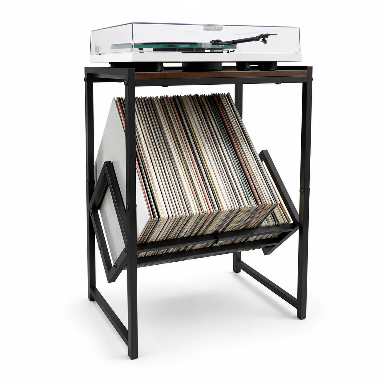 Support platine vinyle bois et métal, bac incliné avec vinyles, platine dessus, fond blanc, vue 3/4 – Sillon 33